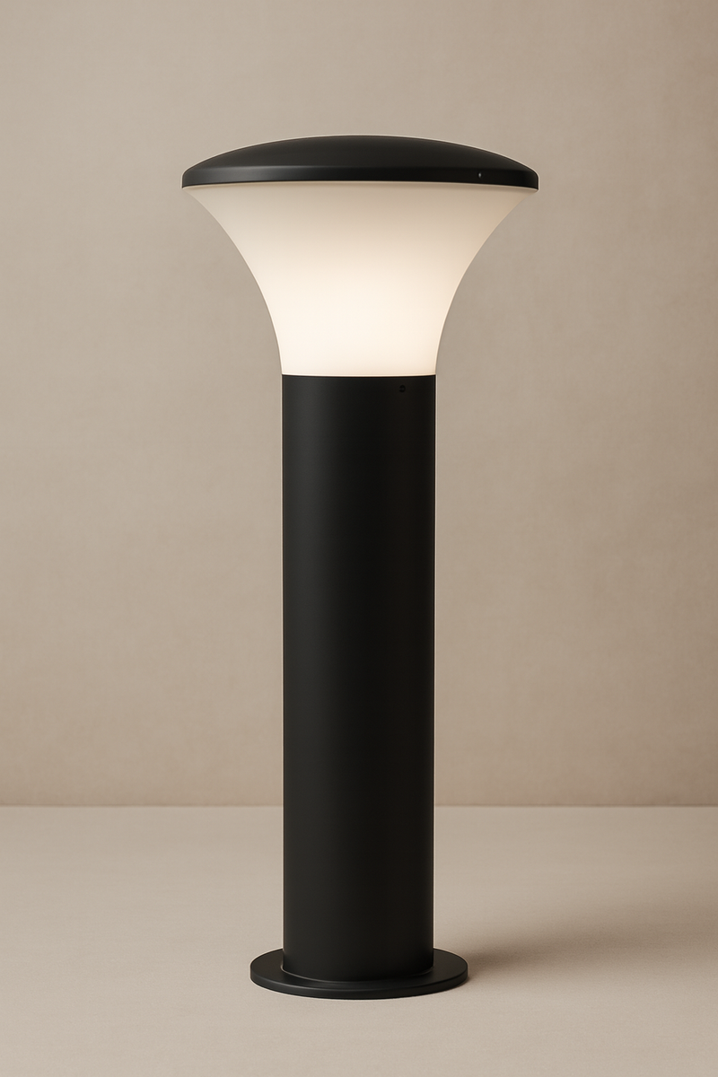 Modern Garden Pathway Light - Black Cylindrical Post with Frosted Glass Shade