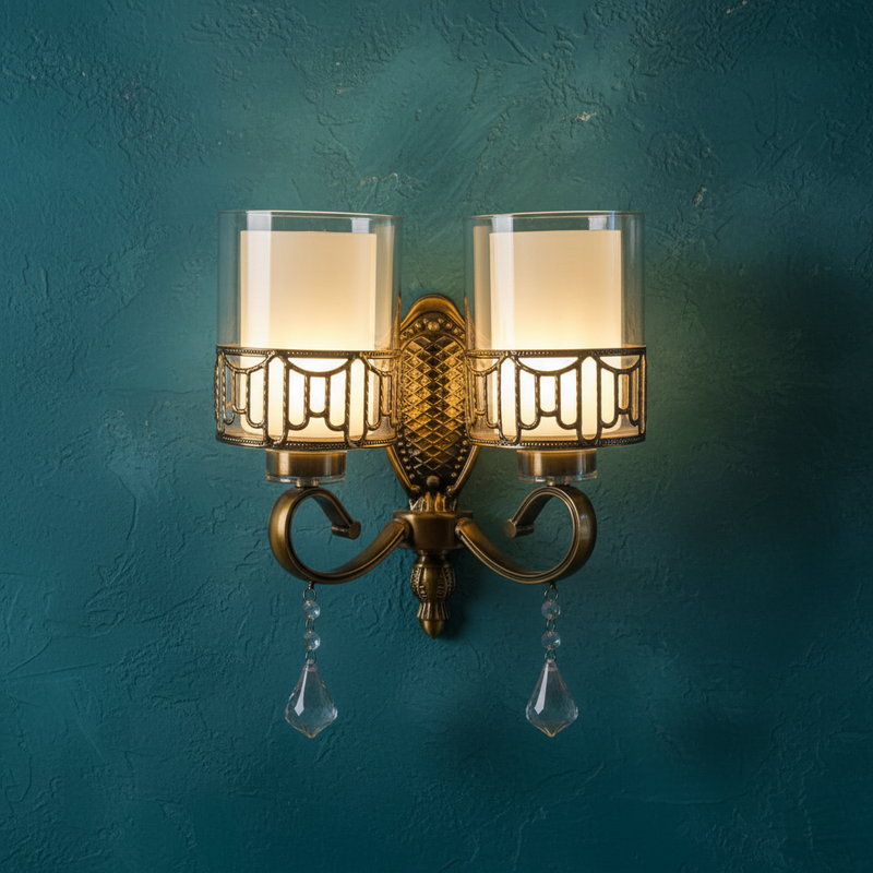 Doublel Glass Wall Lamp With Crystal Drops – Vintage Gold Finish