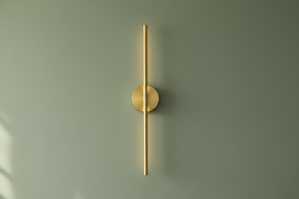 Brass stick lamp front view on sage wall