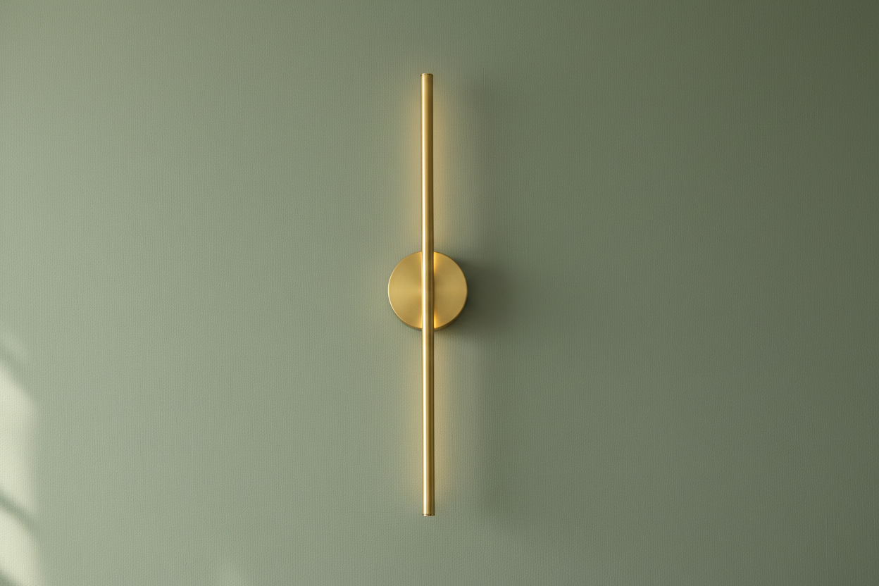 Brass stick lamp front view on sage wall