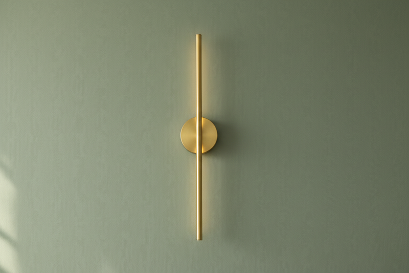 Brass stick lamp front view on sage wall