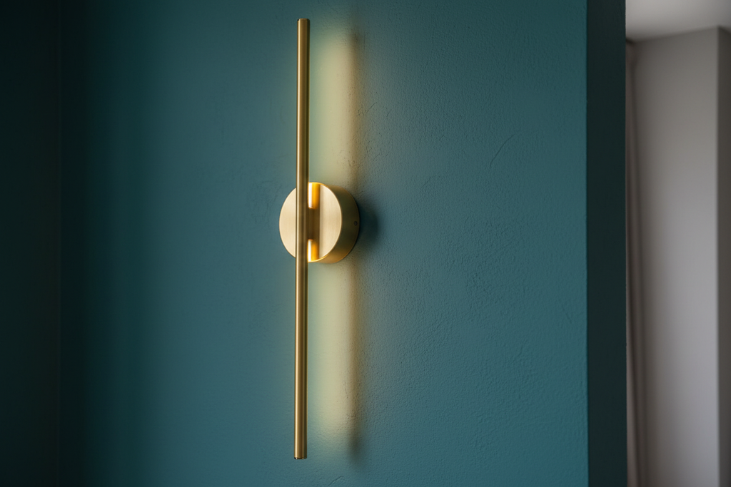 Brass stick lamp side angle on teal wall