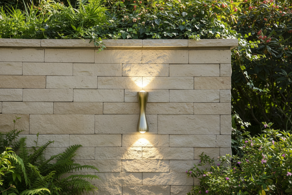 Bronze garden wall light with greenery