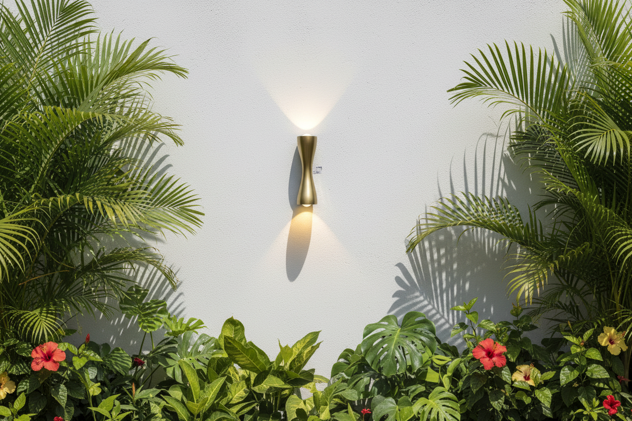 Bronze garden wall light with tropical plants