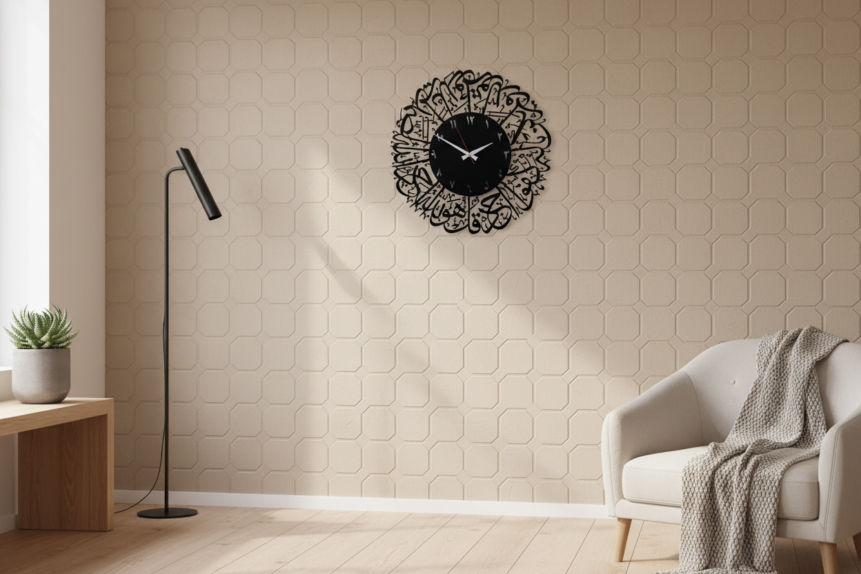 Clock on textured beige wall with room context