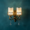 Doublel Glass Wall Lamp With Crystal Drops – Vintage Gold Finish