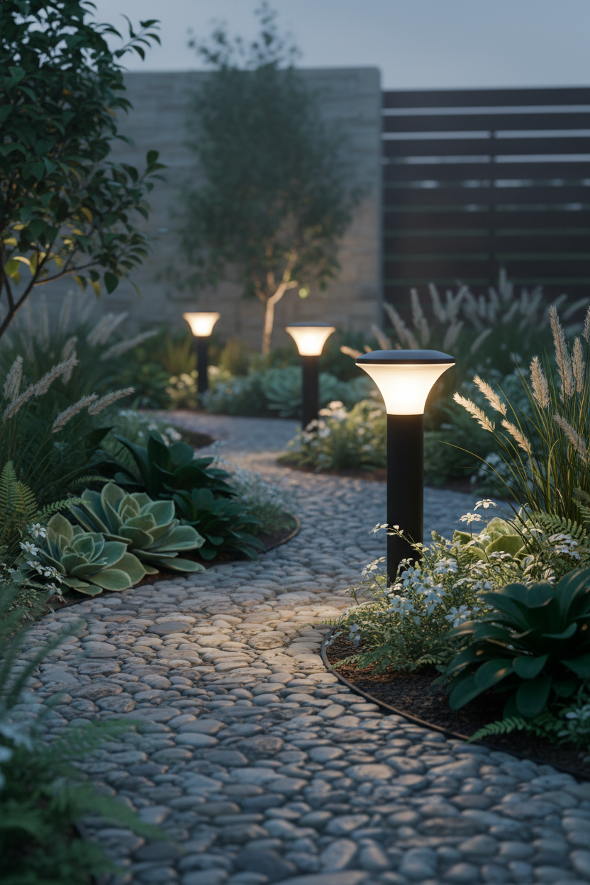 Garden pathway light along stone path