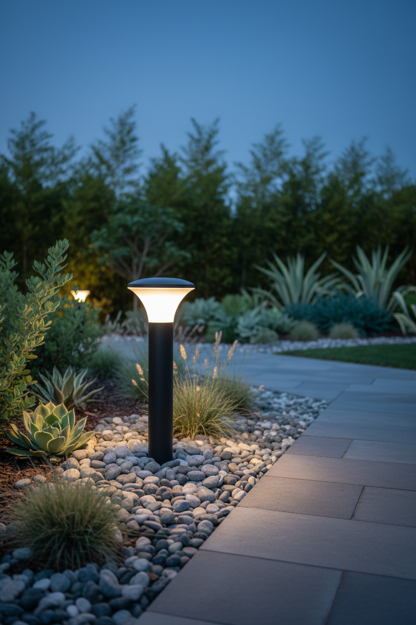 Garden pathway light beside garden bed