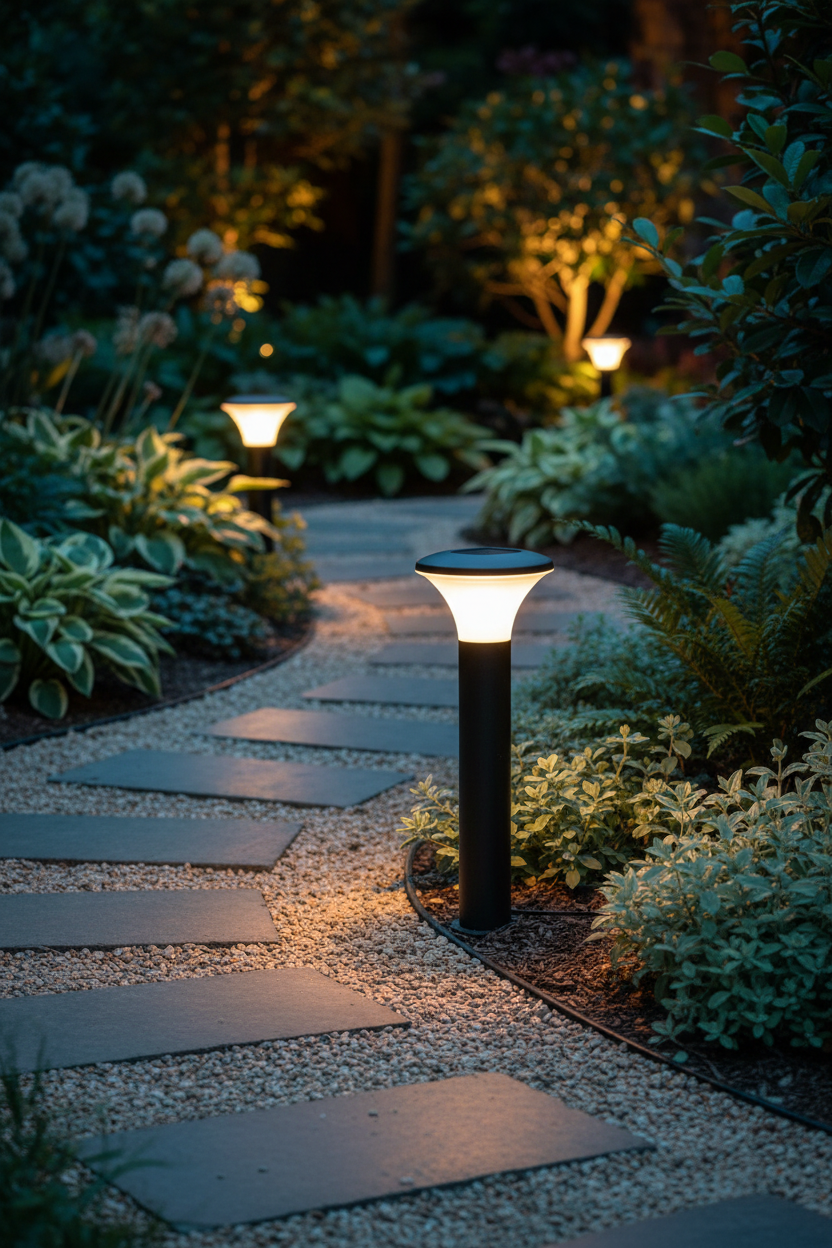 Garden pathway light in landscaped setting