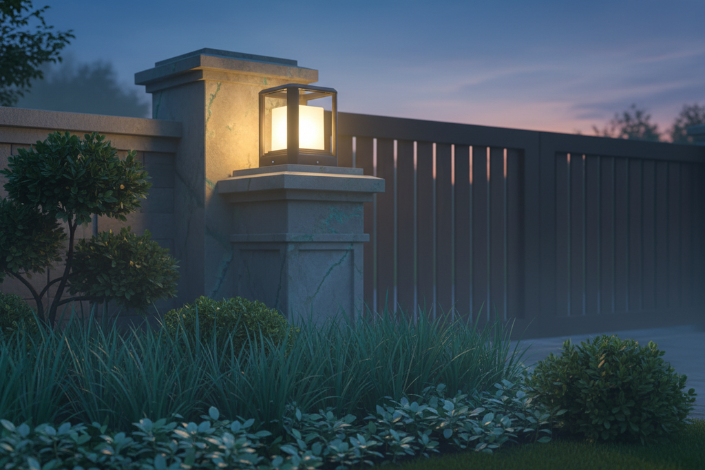 Gate lantern on entry pillar