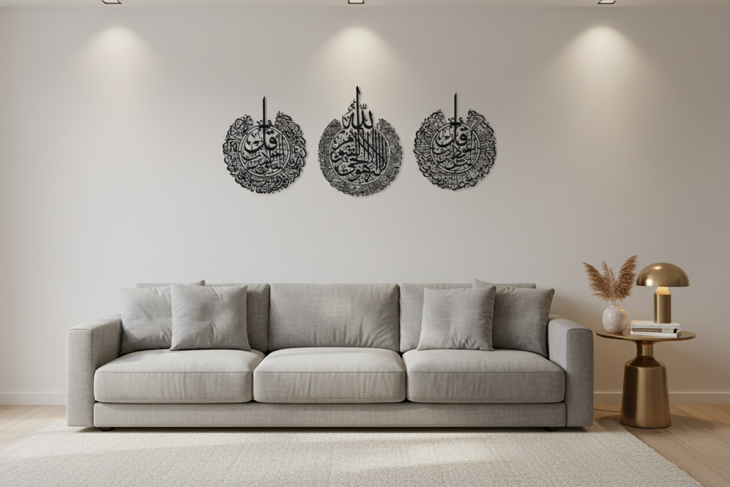 Grey sofa with brass accents