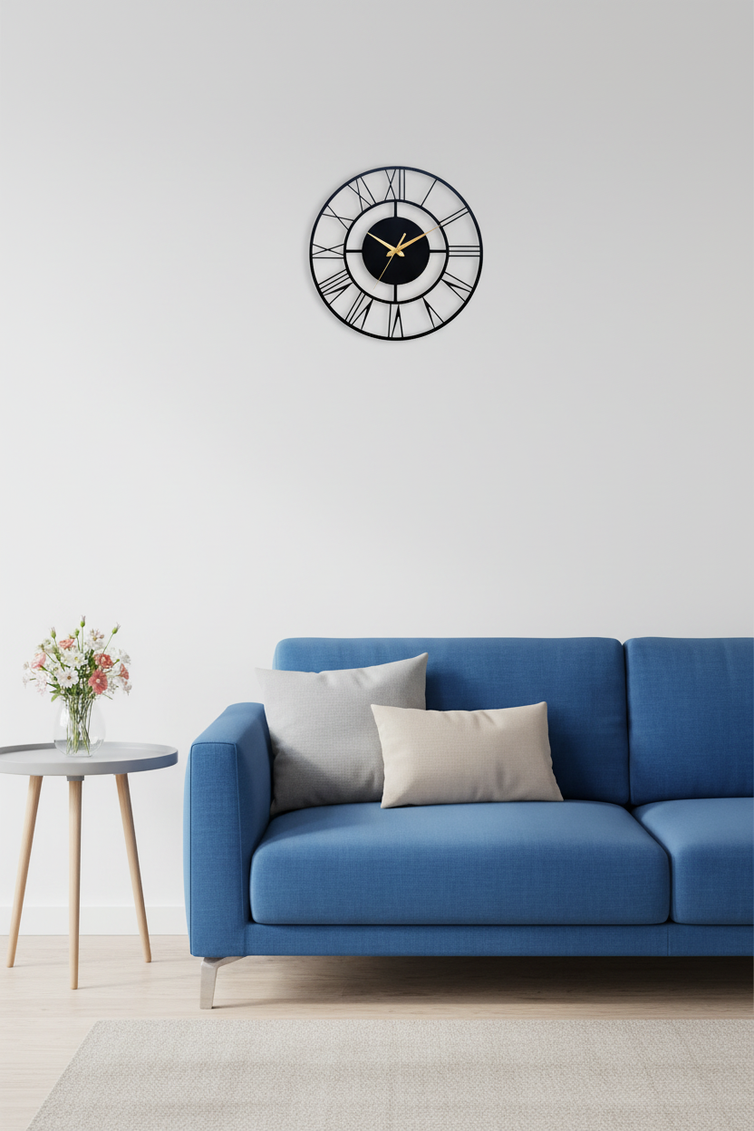 Original Wall Clock Above Blue Sofa
